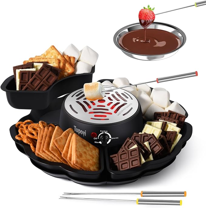2 in 1 Electric S’mores Maker & Fondue Pot, Tabletop Indoor Smores kit with 4 Roasting Forks, 4 Detachable Trays & 1 Flameless Temperature-controlled Heater, Movie Night Supplies & Housewarming Gifts