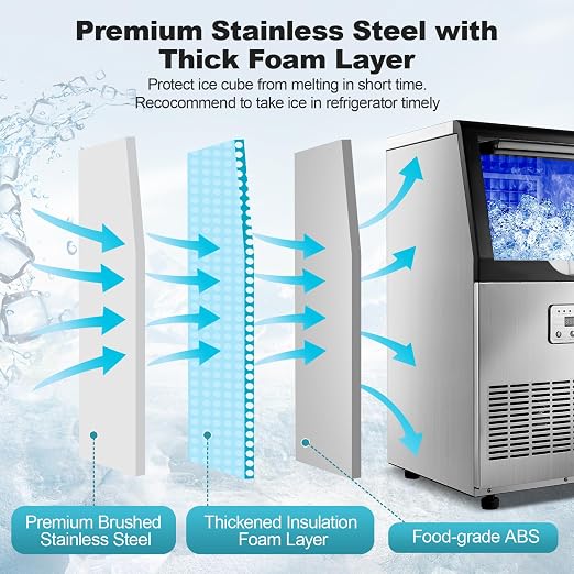 Amzgachfktch Commercial Ice Maker, 100lbs/24H Ice Maker Machine, Auto Self-Cleaning, LED Digital Display, Blue Light, Under Counter/Freestanding Ice Machine for Home/Office/Restaurant/Bar
