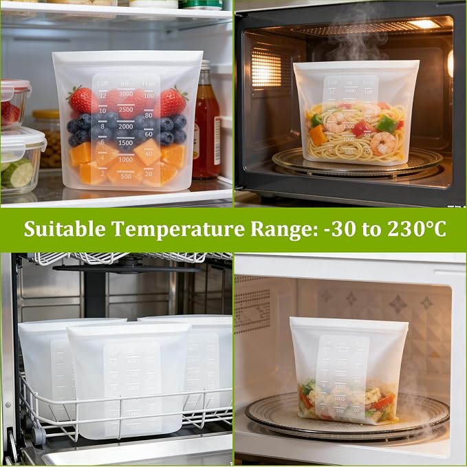 ASelected 4PCS Silicone Bags for Food Storage, 0.8 Gallon/3000ml Stand Up Reusable Freezer Ziploc Bags, Translucent Reusable Sandwich Snack Bag for Freezer, Microwave, Oven, Dishwasher