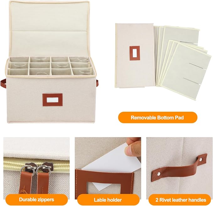 Stemware Storage Cases 2 Pack, Wine Glass Storage Box with Dividers for 24 Glassware or Crystal, Moving Supplies, China Storage Containers, Hard Top, Sides and Stackable (Beige)