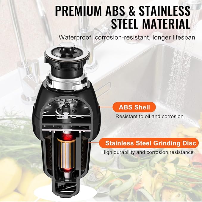 VEVOR Garbage Disposal, 3/4HP 3250RPM DC Motor, Continuous Feed Food Waste Sink Disposer, EZ Connect Food Waste Grinding System with Sound Reduction, Power Cord and Splash Guard, for Kitchen