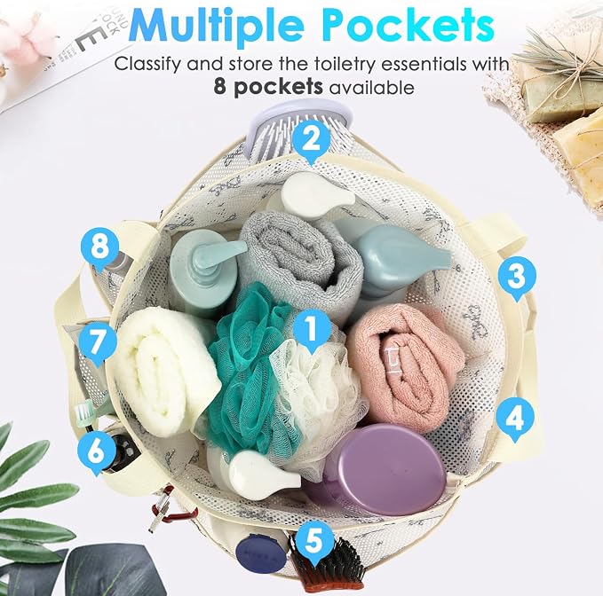 Fammart Mesh Shower Caddy Portable for College Dorm Room Essentials, Odorless Polyester Large Shower Tote Bag with Dual Handles, 8-Pocket Quick-Dry Toiletry Organizer for Travel, Beach, Camping, Gym