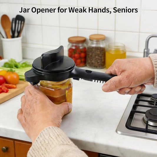 4-in-1 Jar Opener for Weak Hands, Seniors with Arthritis (Black) | Multi-Purpose Lid Opener Includes Magnetic Hook & Rubber Gripper for Jars, Bottles and Beer Caps Simple Twist-off Operation
