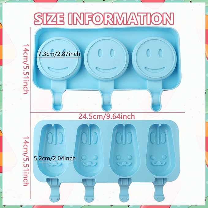 Popsicle Silicone Molds, Homemade Ice Cream 7-Cavity Cartoon Bunny Cake Decorating Fondant Molds 2Pcs, BPA Free and Reusable Cute Bunny Popsicle Molds with 50 Wooden Sticks