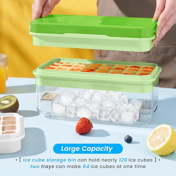 1.0" Ice Cube Trays for Freezer, PHINOX Ice Tray, 2-Tier(32Cubes/Tier)Green