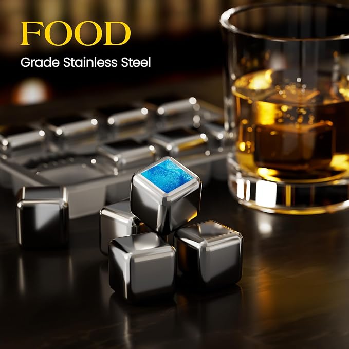 Kollea Whiskey Stones, 8 Packs Stainless Steel Whiskey Chilling Rocks, Reusable Ice Cube for Drinking, Cool Birthday Gift for Men Dad, Boyfriend, Beer Lover, Bourbon, Scotch, Gin, Beverage, New Year