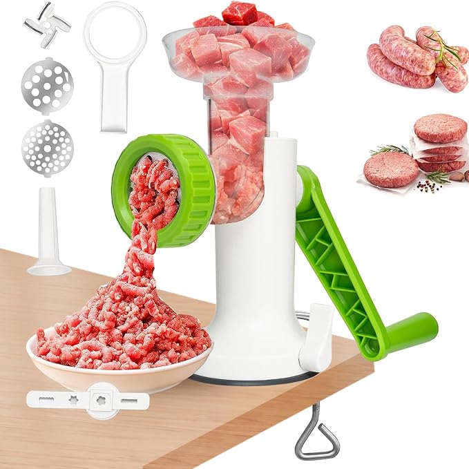 Manual Meat Grinder, Heavy Duty Meat Mincer Sausage Stuffer,Hand Grinder with Stainless Steel Blades for Meat, Sausage, Cookies,Green(3 in 1, with table clamp)