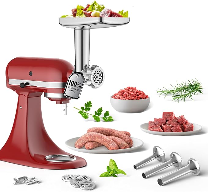 GVODE Stainless Steel Meat Grinder Attachment for KitchenAid Stand Mixer | Food Grinder attachment with 4 Grinding Plates, 3 Sausage Stuffer Tubes, 2 Grinding Blades, Mixers Accessories for Kitchen