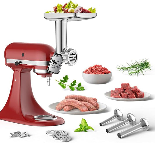 GVODE Stainless Steel Meat Grinder Attachment for KitchenAid Stand Mixer | Food Grinder attachment with 4 Grinding Plates, 3 Sausage Stuffer Tubes, 2 Grinding Blades, Mixers Accessories for Kitchen
