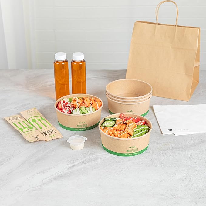 Restaurantware Compostable Paper Food Containers 200 Pack Of 37 oz BPI-Certified Round Kraft Salad Bowls Disposable Grease-Resistant Meal Prep Take Out Containers For Ice Creams, Soups, Snacks