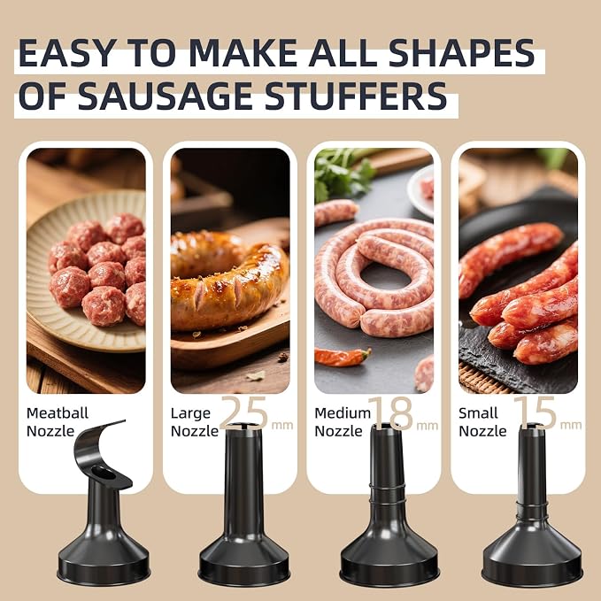 Electric Sausage Stuffer Machine, Automatic Meat Stuffer with 3 Stuffing Tubes and 1 Meatball Tube (Grey）