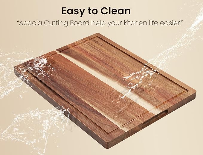 Fibogollo Set of 3 Large Acacia Wood Kitchen Cutting Boards with Holder | Wooden Chopping Boards Set with Juice Groove, Serving Board with Storage Stand,Butcher Block for Meat,Vegetables,Fruit
