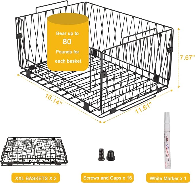 2 PACK XXL Stackable Wire Baskets for Pantry Organization and Storage | Heavy Duty Metal Wire Baskets with Labels,Open Front Pantry Bins for Kitchen,Snacks,Chips,Cans,Potatoes & Produce