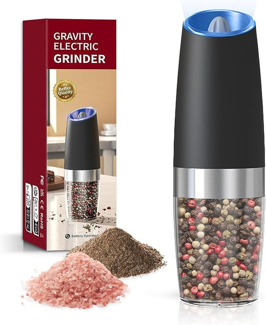 Battery Operated Salt And Pepper Grinder with LED Light, Automatic Electric Gravity Salt And Pepper Shakers, Each 6 AAA Batteries Needed, Adjustable Roughness, 1 Pack (Black)