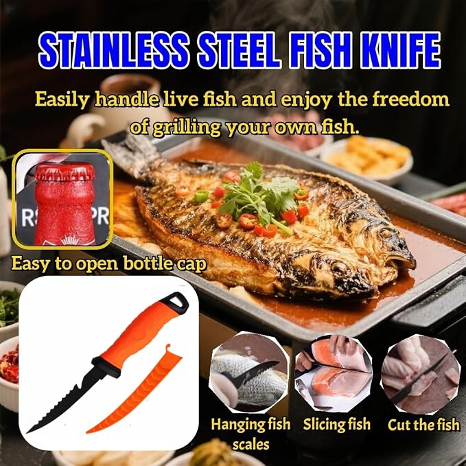 Fishing Knife Set, Fish Cleaning Kit, Filet Knife for Fish, Fish Scale Cleaning Brush, Multi-Functional Scissors, Gloves, Fishbone Tweezers, Storage Bag,Fishing Accessories,Fishing Tool Kit
