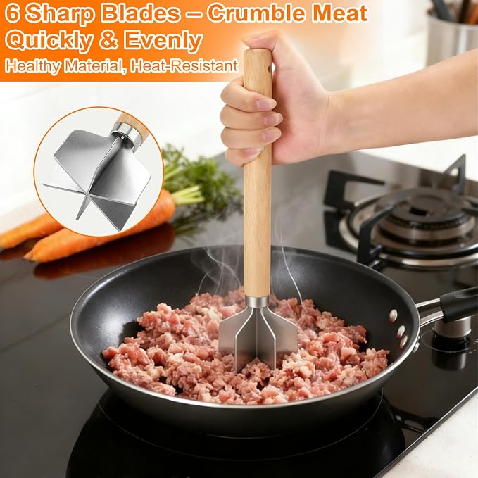 Palksky Ground Beef Masher, Stainless Steel Hamburger Smasher Tool with Wooden Handle, 6-Blade Heavy-Duty Kitchen Tool for Beef, Turkey, Potatoes & More