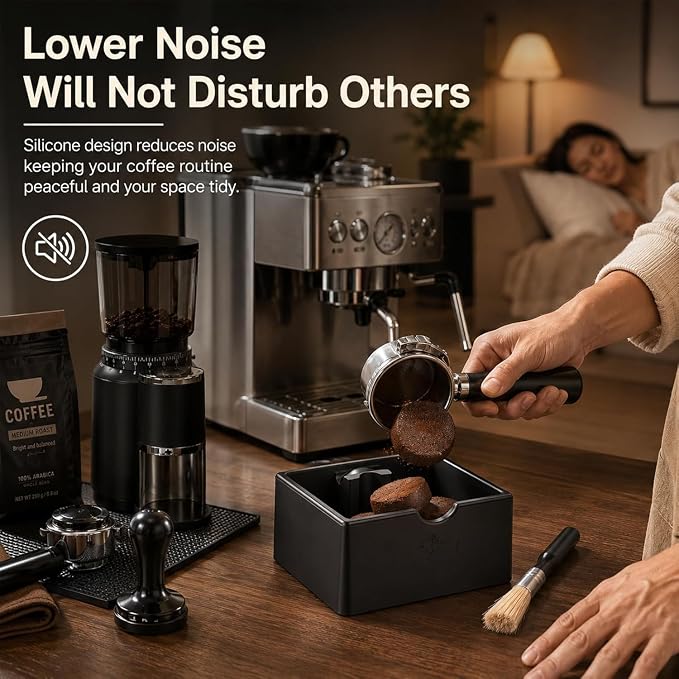 SelfTek Coffee Knock Box - Silicone coffee grounds container with Tamper Stand & Cleaning Brush Non-Slip Base & Handle, Easy Clean, Essential Coffee Maker Accessories