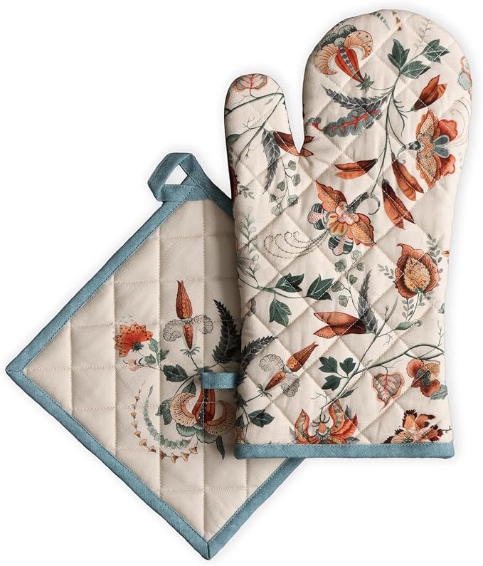 Maison d' Hermine 100% Cotton Oven Mitt & Pot Holder Set (7.5"x13" & 8"x8") | Heat Resistant BBQ Cooking Gloves with Loop Baking Grilling Kitchen Hotel Home Farmhouse Thanksgiving Christmas - Dalida