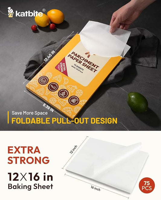 Katbite 75Pcs White Parchment Paper Sheets 12x16IN, Pre-Cut Heavy Duty Parchment Baking Paper, Non-Stick Half Sheet White Baking Parchment Paper for Air Fryer, Baking Cookie Pans[Advanced Series]