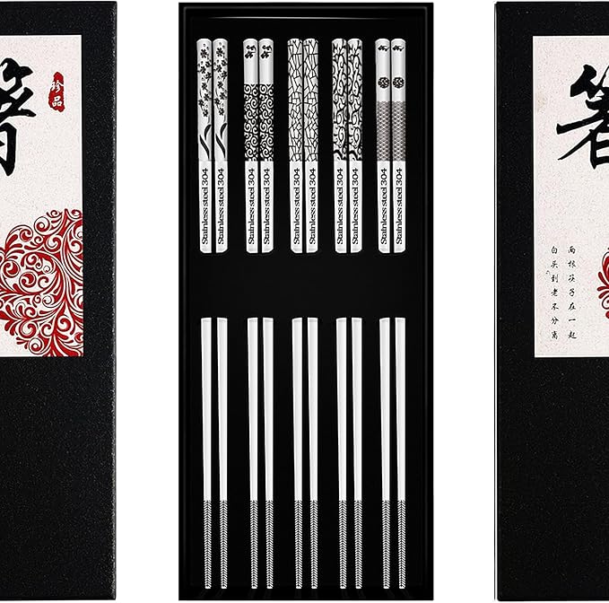Reusable Metal Chopsticks Stainless Steel 18/8 Laser Engraved Non-Slip Korean Japanese Elegant Gift Box Dishwasher Safe 5 Pairs
