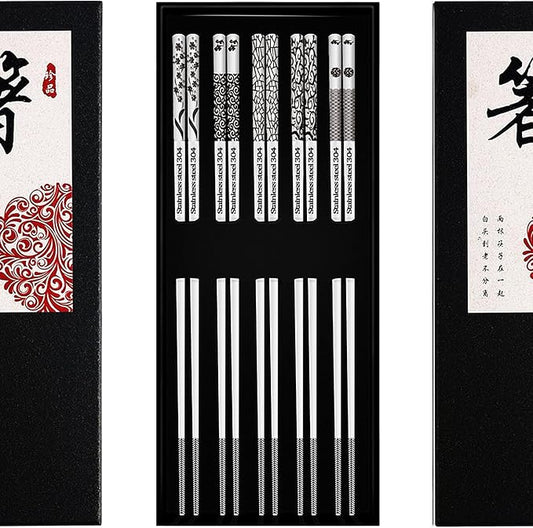 Reusable Metal Chopsticks Stainless Steel 18/8 Laser Engraved Non-Slip Korean Japanese Elegant Gift Box Dishwasher Safe 5 Pairs