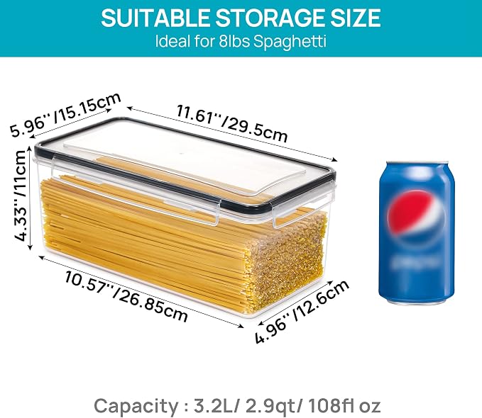Vtopmart Pasta Storage Containers, 8 Pack, 3.2L Airtight Canisters | Horizonta Storage Design, Easy Access, Airtight BPA-Free Containers, Reusable Labels & Measuring Cups Included