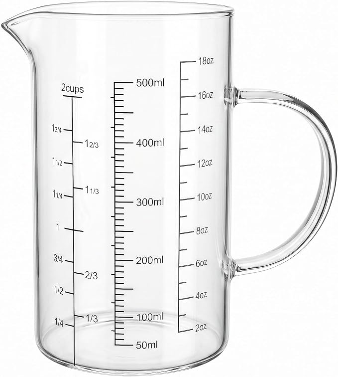 Graduated Glass Measuring Cup With Handle 500ML (16Oz, 2Cups) | High Borosilicate Liquid Measuring Cup for Baking Cooking Kitchen V-Shaped Spout Glass Measuring Beaker Easy To Read