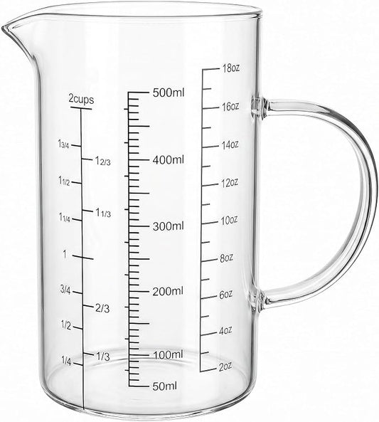 Graduated Glass Measuring Cup With Handle 500ML (16Oz, 2Cups) | High Borosilicate Liquid Measuring Cup for Baking Cooking Kitchen V-Shaped Spout Glass Measuring Beaker Easy To Read