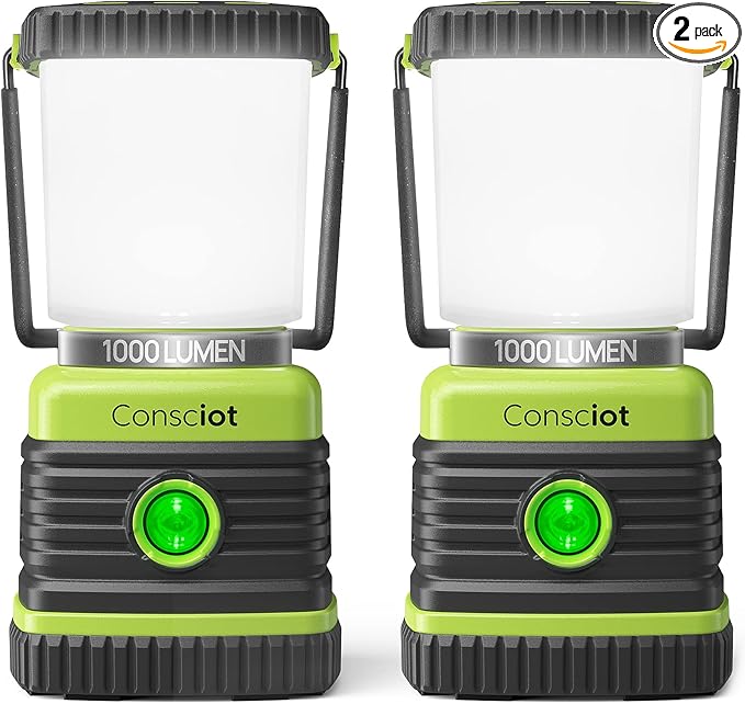 Consciot LED Battery Powered Camping Lantern, 1000LM, 4 Light Modes, IPX4 Waterproof Portable Tent Flashlight for Power Outages, Emergency, Hurricane, Hiking, Light Green, 2-Pack | IPX4 Waterproof Camping Lights; Portable Flashlight for Power Outages, ...