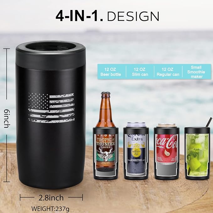 4-in-1 Slim Can Cooler Easy to Hold Insulated Beer Can Holder Double-walled Stainless Steel for All 12 Oz Cans (Black America Flag)