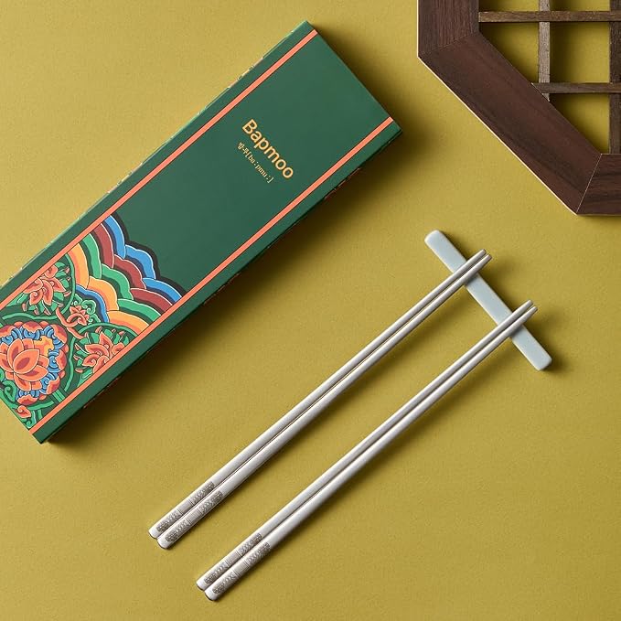 Korean Metal Chopsticks 2 Pairs, Matte Silver Stainless Steel Chopsticks with Dancheong Pattern Engraving, Reusable Dishwasher Safe Gift Set