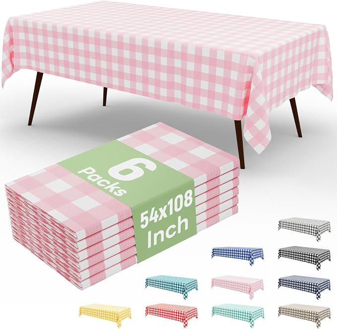 6 Packs Buffalo Disposable Table Cloth, 54 x 108 Inch Waterproof Plastic Tablecloth, Rectangle Pink and White Checkered Table Covers for Picnic, Birthday, Party, Back to School