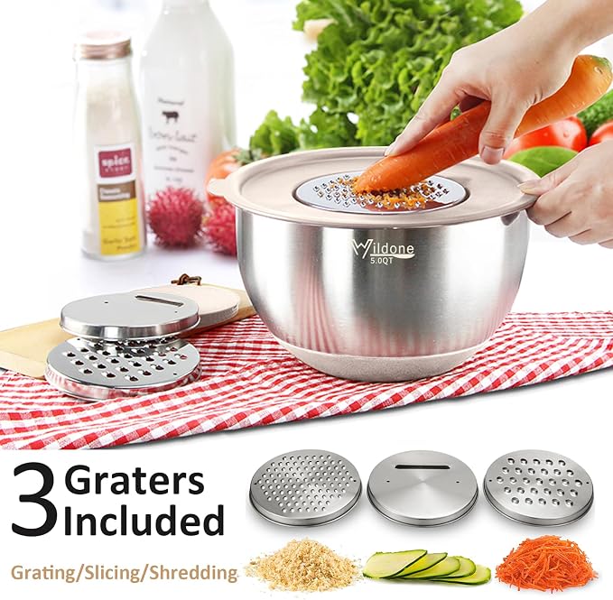 Wildone Mixing Bowls with Airtight Lids, 27 PCS Stainless Steel Nesting Bowls, with 3 Grater Attachments, Scale Mark & Non-Slip Bottom, Size 5, 4, 3, 2, 1.5, 1, 0.63QT, Ideal for Mixing & Prepping | Metal Bowls with 3 Grater Attachments, Non-Slip Botto...