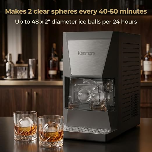 Kenmore Clear Sphere Ice Ball Maker Countertop, 2-Inch Slow-Melting Ice Spheres for Whisky Cocktails, Máquina de Hielo Black