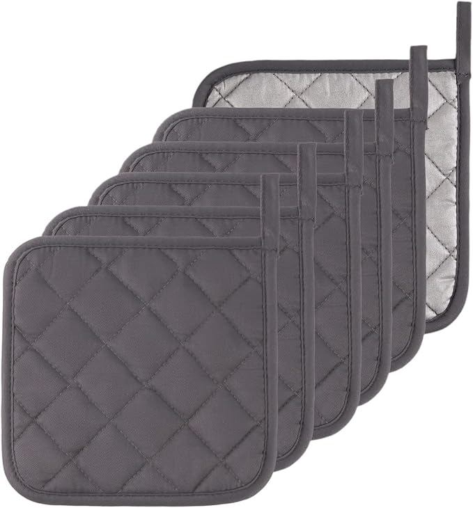 Kitchen Pot Holders Set Heat Resistant Pure Cotton Potholders Kit Trivets Large Coasters Hot Pads Terry Pot Holders for Everyday Cooking and Baking by 7 x 7 Inch Set of 6 Grey