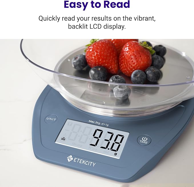 Etekcity 0.1g Food Scale, Bowl, Digital Grams and Ounces for Weight Loss, Dieting, Baking, Cooking, and Meal Prep, 11lb/5kg, Stainless Steel Prussian Blue | 11lb/5kg capacity with tare, removable bowl, ideal for baking, meal prep and portion control, S...