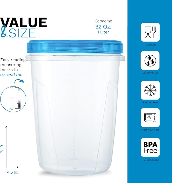 Tafura Freezer Containers, 12 Pack, 32 Oz, Leakproof BPA-Free Lids | Twist-top screw-on closures help prevent spills during storage, transport, and meal prep.