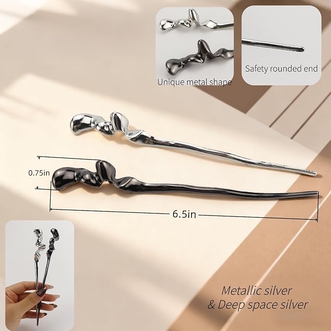 2Pcs Fancy Irregular Wave Metal Hairpin for Women，Modern Chinese Chopsticks For Long Thick Hair Buns Updos，Silver&Gray Headpieces Hanfu Accessory for Styling Daily Cheongsam Costume Gift
