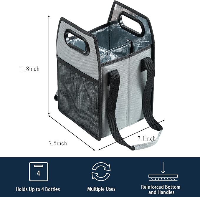 Collapsible Bottle Carrier - Reusable Portable Wine Bottle Case for Tote Bag, Moving, Vacation & Grocery Shopping