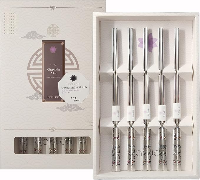 Chopsticks [Made in Korea][5 Sets] 430 Premium Stainless Steel Chopsticks, Mukbang Kitchen Utensil, Cutlery Silverware Stainless Tableware (The milky way)