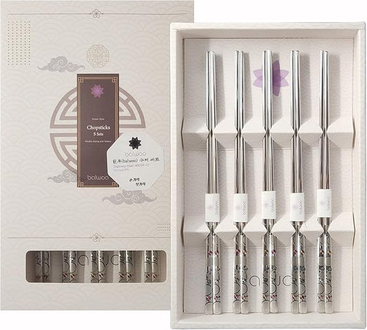 Chopsticks [Made in Korea][5 Sets] 430 Premium Stainless Steel Chopsticks, Mukbang Kitchen Utensil, Cutlery Silverware Stainless Tableware (The milky way)