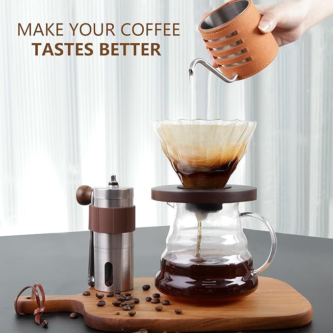 LHS Pour Over Coffee Maker Set - 4 Piece Kit Includes Gooseneck Kettle, Removable Coffee Mill Grinder, 500ML Cup & Coffee Dripper Brewer with Lid, Perfect for Home Brewing and Travel