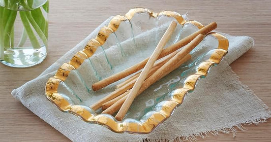 Annieglass Ruffle 11.25 x 7 Inch Rectangular Bowl with 24k Gold, Timeless Glass Tableware for all Occasions, Made in the USA