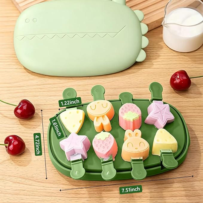 Silicone Popsicle Mold, Fun Shaped Dinosaur Popsicle Silicone Molds with 8 Sticks, Reusable Small Mini Ice Popsicle Molds Set, Easy to Clean and Dishwasher Safe