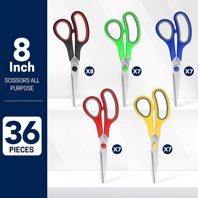 BURVAGY 36 Pack 8" Scissors All Purpose, Heavy Duty Scissors for Office | Scissors Bulk Multipurpose Comfort-Grip Sharp Adult Office Scissors Set Sewing Fabric Stainless Steel Blades, Right/Left Hand