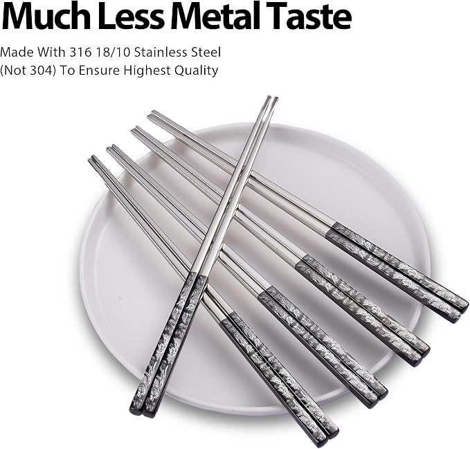 Phoenix Chopsticks Metal Reusable Designed In Korea Japanese Style Stainless Steel 316 18/10 Non-Slip Dishwasher Safe Laser Etched (Black - 5 Pairs)