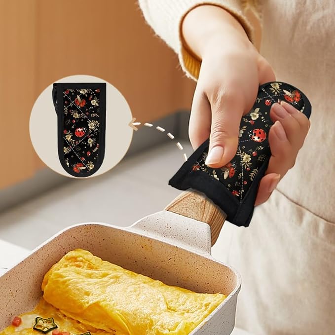 Coldinair Ladybug Floral Hot Handle Holder Heat Protecting Polyester Handle Cast Iron Skillets 2Pcs Cast Iron Skillet Handle Cover for Kitchen
