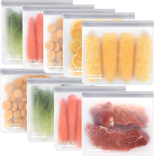 SPLF 9 Pack Reusable Gallon Freezer Bags Dishwasher Safe, Gray | BPA Free 1 gallon Leakproof Silicone and Plastic Free Food Storage Bags for Meal Prep, Fruits, Sandwich, Snack, Travel Items