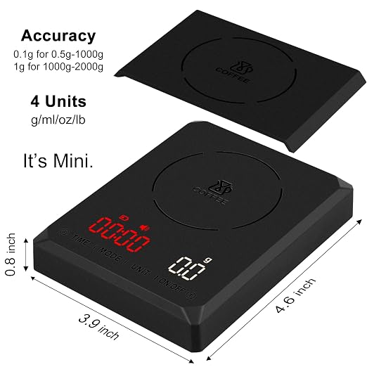 Fuzion Mini Coffee Scale with Timer - Espresso Scale Rechargeable 2kg x 0.1g Accuracy, 3-Mode Timer, LED Display, Digital Coffee Scale for Pour-Over, Espresso, Kitchen Use