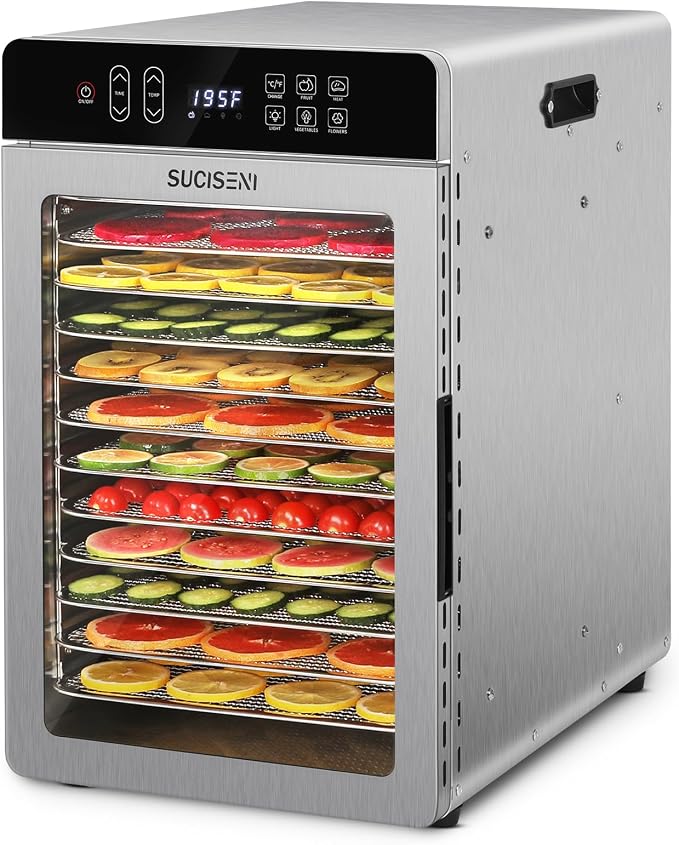 SUCISENI Food Dehydrator Machine for Jerky 11ft², 12 Trays 1000W Stainless Steel Dehydrator with 24H Timer 195℉ Temperature Control, Food Dryer Dehydrated for Meat, Fruits, Veggies, Dog Treats
